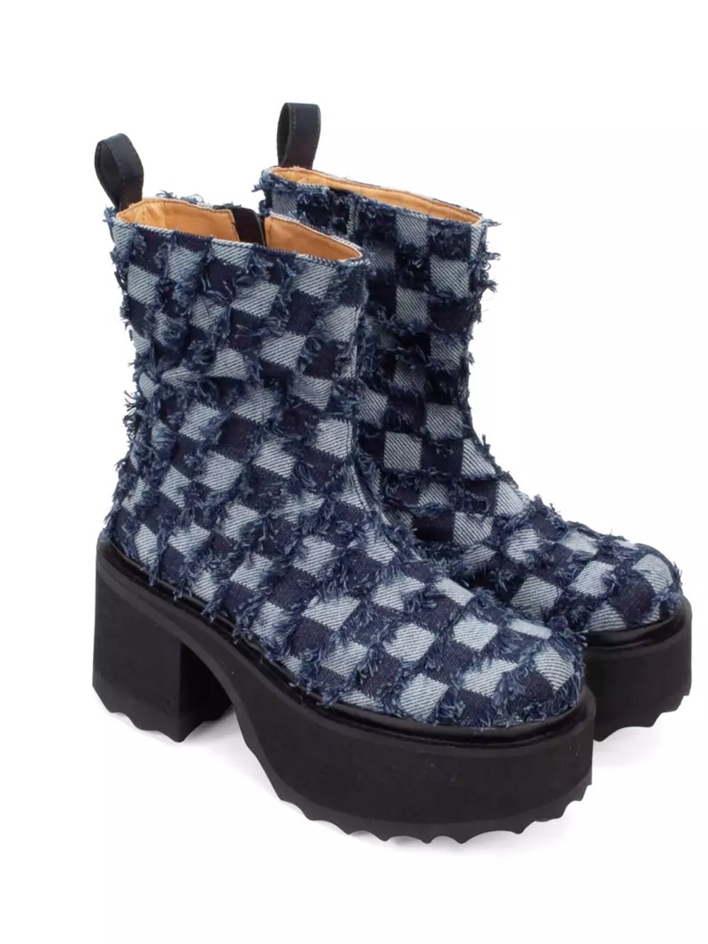 John Fluevog Twirl Blue Checkered Frayed Platform Ankle Boots